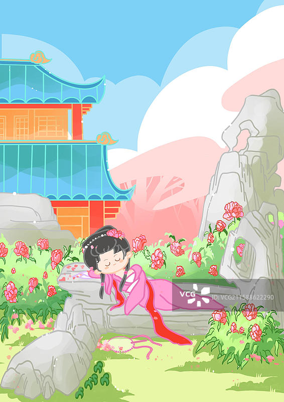 红楼梦系列名场景林黛玉葬花卡通治愈系插画图片素材