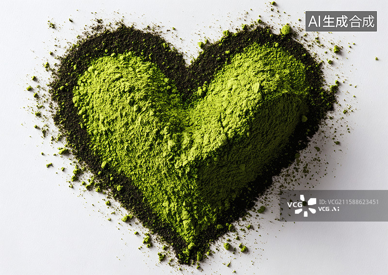 【AI数字艺术】堆成爱心形状的抹茶粉末图片素材