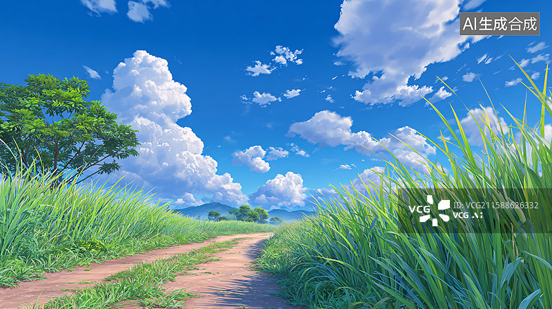 【AI数字艺术】清新乡间小路插画图片素材