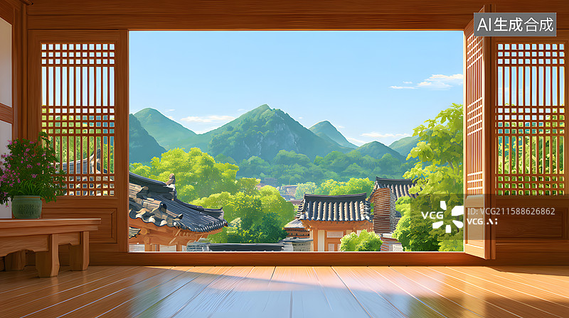 【AI数字艺术】中式窗景背景图片素材