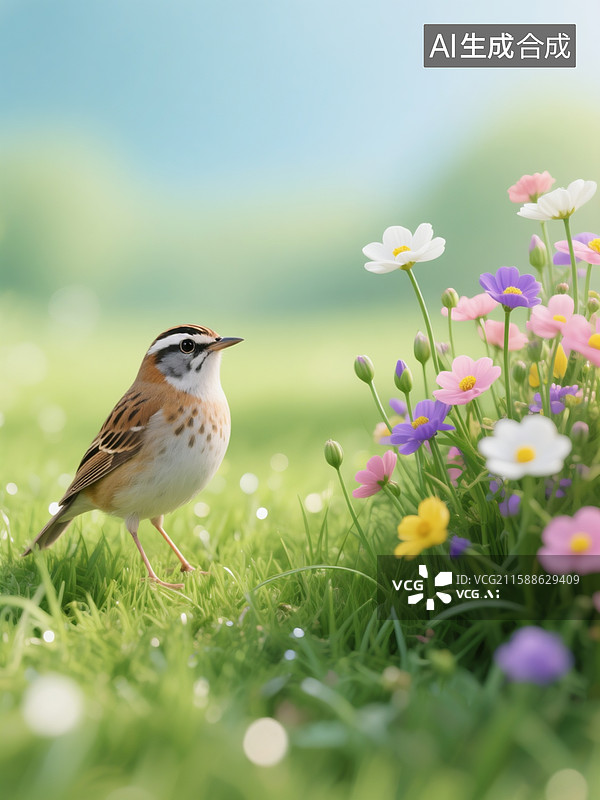 【AI数字艺术】一只小巧玲珑的鸟儿静立于翠绿的草地上，一丛色彩斑斓的花朵肆意绽放。花朵有白色、粉色、紫色和黄色图片素材