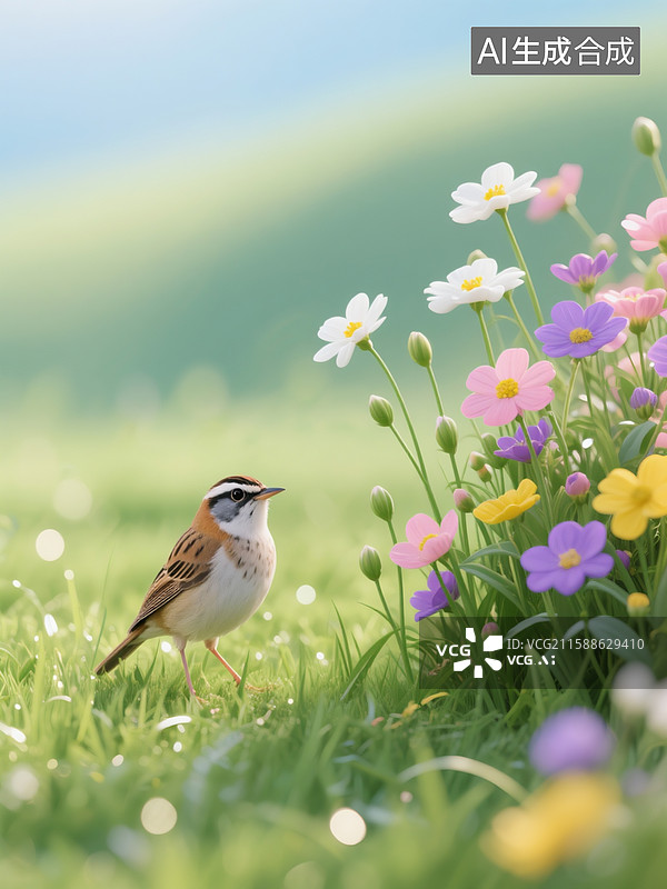 【AI数字艺术】一只小巧玲珑的鸟儿静立于翠绿的草地上，一丛色彩斑斓的花朵肆意绽放。花朵有白色、粉色、紫色和黄色图片素材