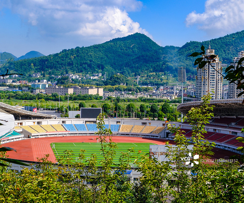 中国贵州六盘水钟山区花山公园风光，六盘水体育中心风光，凉都体育中心，六盘水市风光  海军六盘水舰模型图片素材