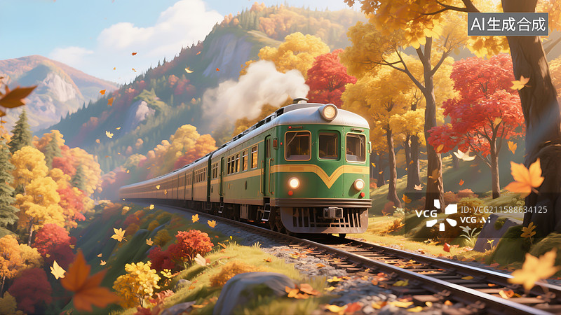 【AI数字艺术】秋天，一列复古绿皮火车在山林中行驶图片素材