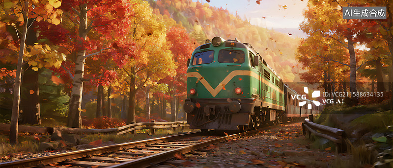 【AI数字艺术】秋天，一列复古绿皮火车在山林中行驶图片素材
