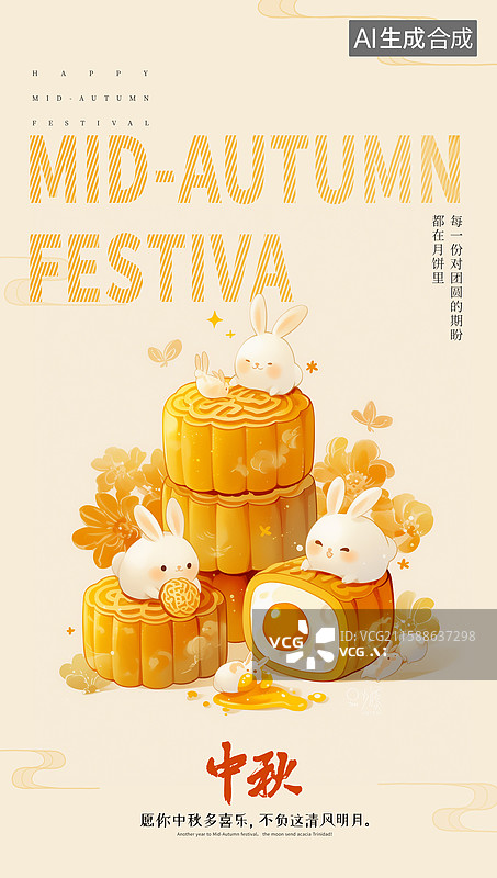 【AI数字艺术】国风中秋节和国庆节同庆海报模版 蛋黄馅月饼和兔子插画 可爱的兔子和3D月饼 白色背景图片素材