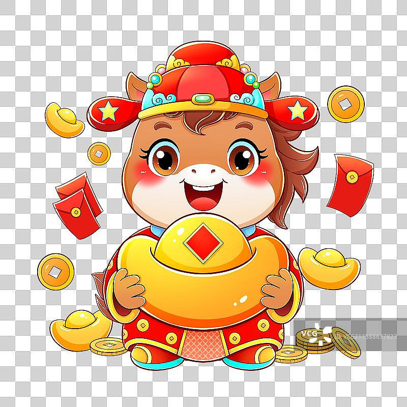 新年春节抱元宝棕色财神小马插画元素图片素材
