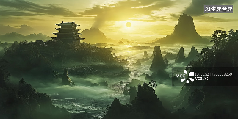 【AI数字艺术】中国风游戏CG渲染场景图片素材