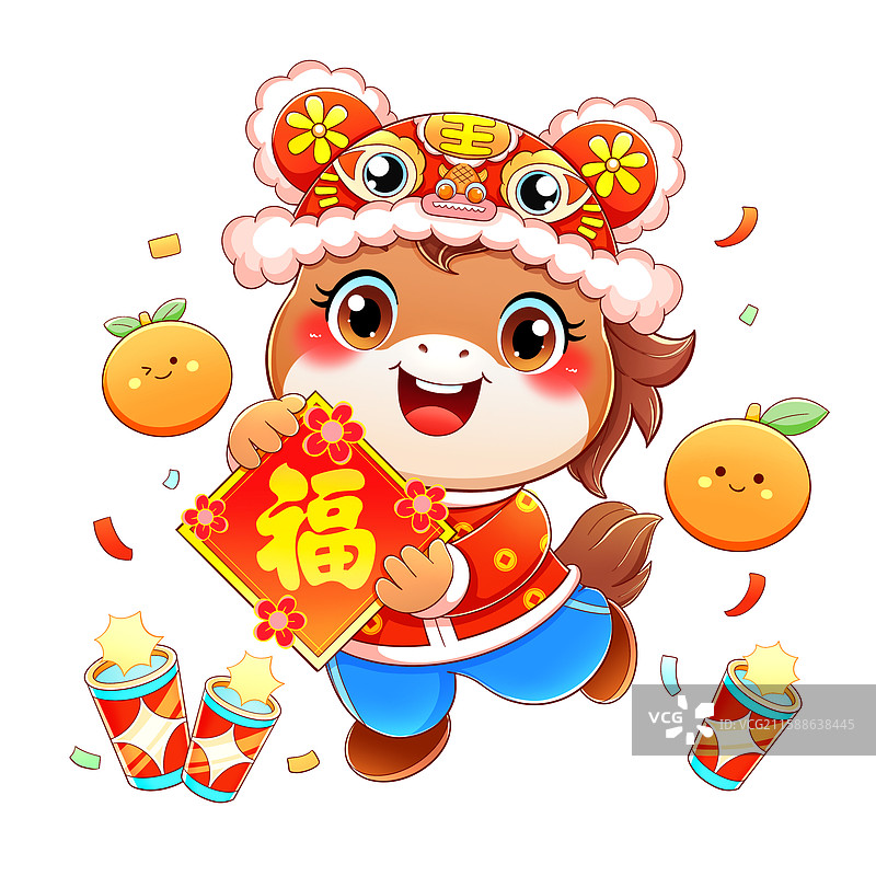 新年春节抱斗方棕色小马插画元素图片素材