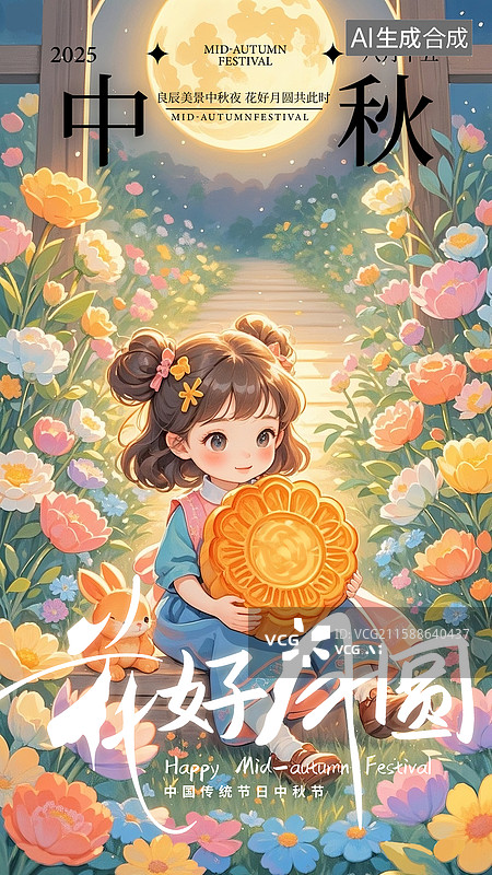 【AI数字艺术】中秋节插画海报模版 可爱女孩抱着大月饼 坐在开满鲜花的花园里 明月升起 竖版图片素材