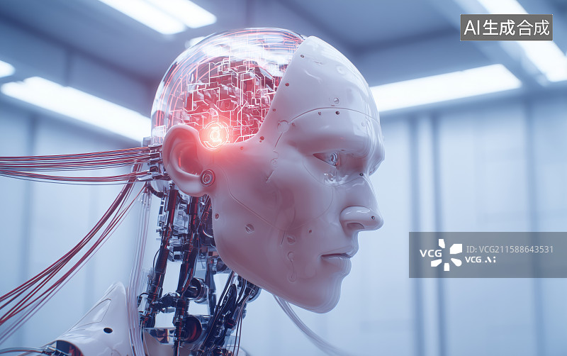 【AI数字艺术】透明头颅的机器人展示大脑电路图片素材