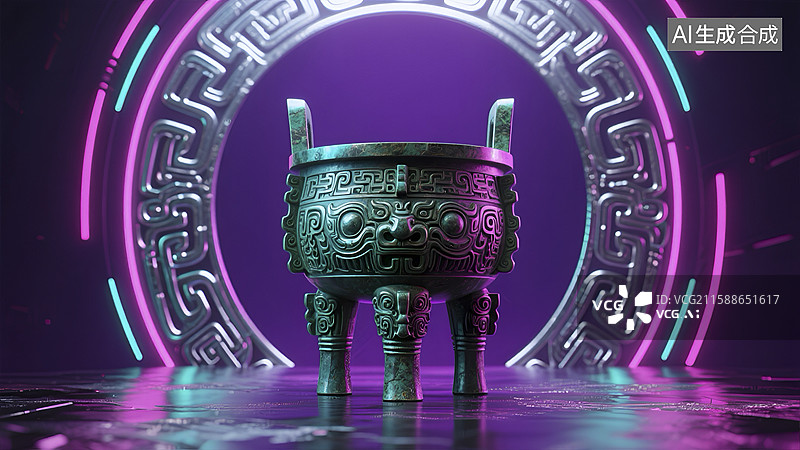 【AI数字艺术】霓虹环绕的青铜鼎插画图片素材