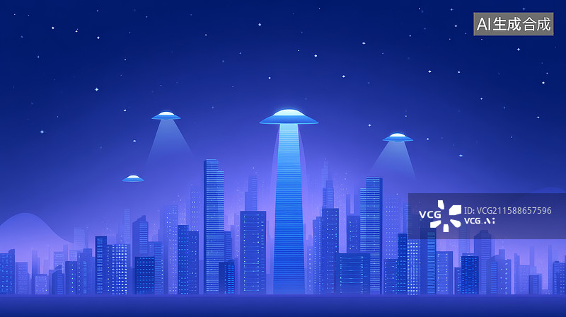 【AI数字艺术】飞碟悬停城市上空图片素材