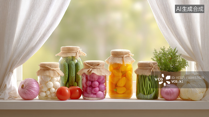 【AI数字艺术】窗台上摆放着多罐腌制蔬菜图片素材