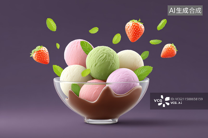 【AI数字艺术】冰淇淋球和草莓薄荷叶图片素材