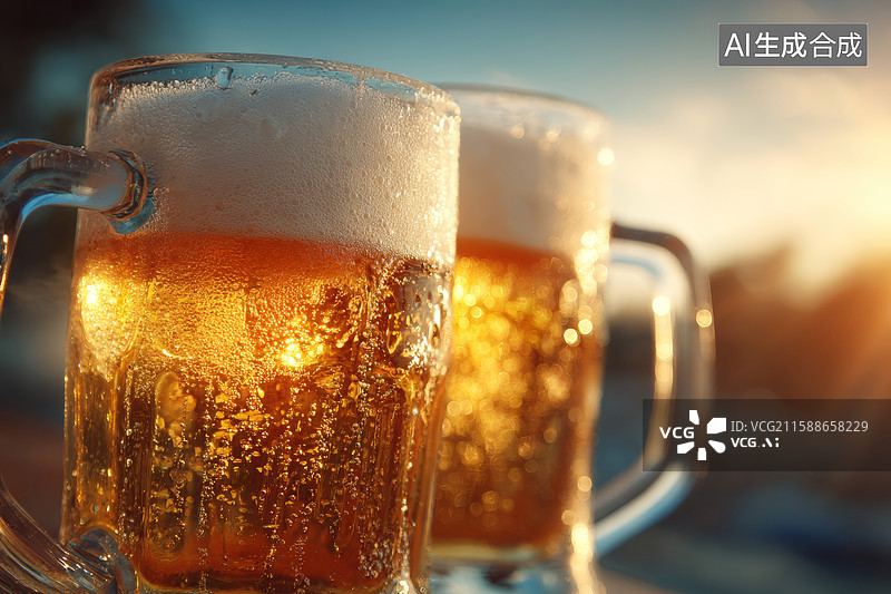 【AI数字艺术】两杯啤酒在阳光下冒着气泡图片素材