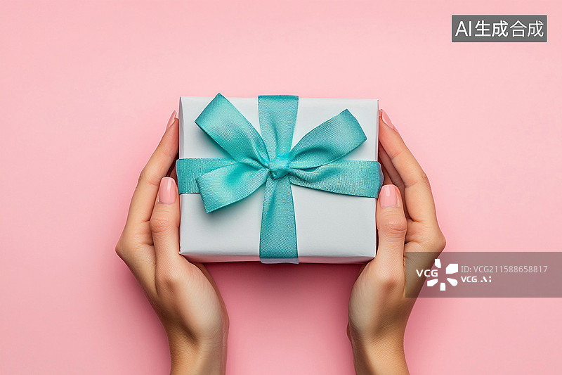 【AI数字艺术】粉红色的礼盒粉红色的蝴蝶结，粉红色的背景拿着盒子的手图片素材