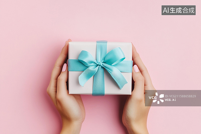 【AI数字艺术】粉红色的礼盒粉红色的蝴蝶结，粉红色的背景拿着盒子的手图片素材