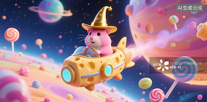 【AI数字艺术】粉色小鼠驾驶飞船穿越糖果星球图片素材