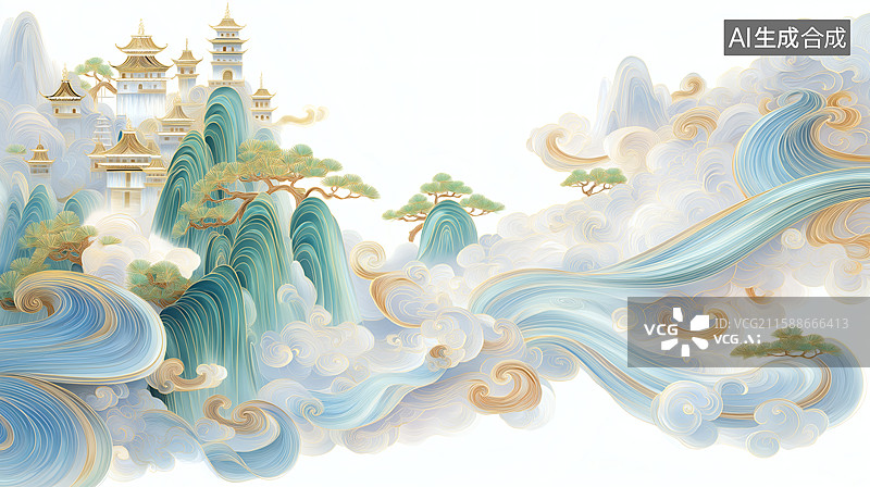 【AI数字艺术】东方山水画：云海中的宫殿与山川图片素材