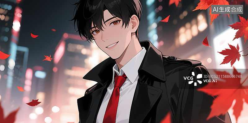 【AI数字艺术】夜景中微笑的黑发男子图片素材