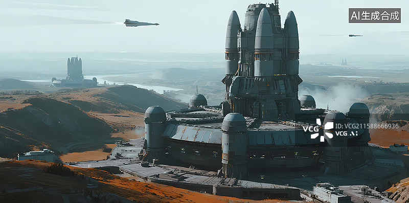 【AI数字艺术】未来科技基地与飞行器图片素材