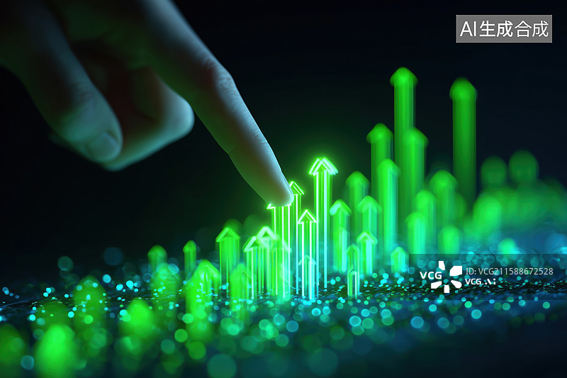 【AI数字艺术】黑背景手指前绿色电子金融图表营销数据3D立体背景图片素材