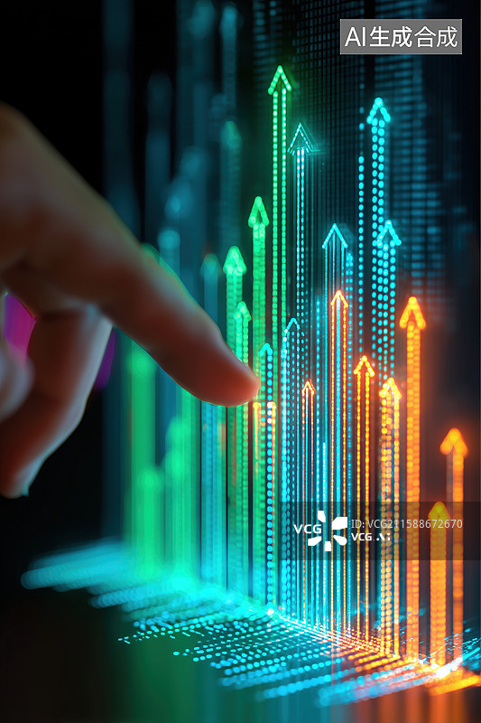 【AI数字艺术】黑背景手指前绿色电子金融图表营销数据3D立体背景图片素材