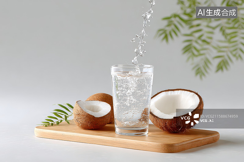 【AI数字艺术】椰子水玻璃杯白色小花静物图图片素材