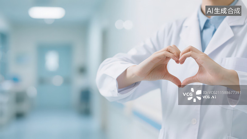 【AI数字艺术】一个穿着实验服的护士用手比爱心形状，健康保险医疗保健医疗护理关爱呵护概念图片素材