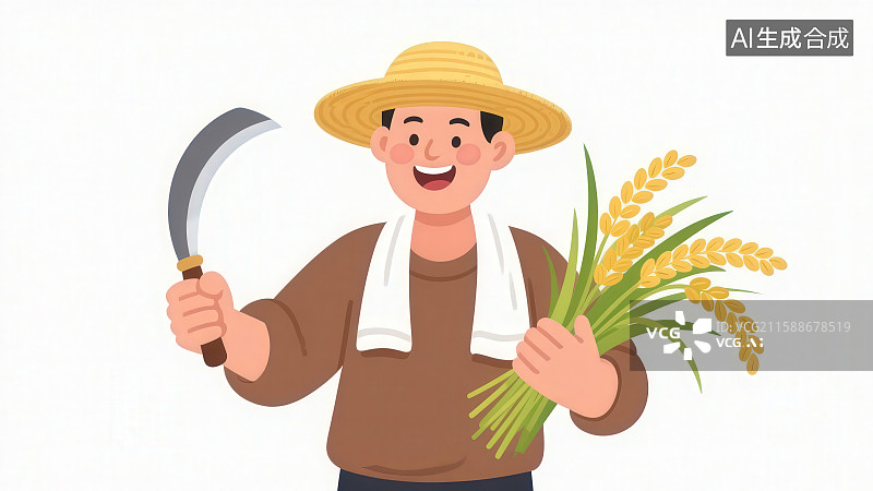 【AI数字艺术】卡通风格一个戴着草帽肩上披着毛巾左手抱着稻谷稻穗右手拿着锋利镰刀的男性农民劳动人民形象图片素材
