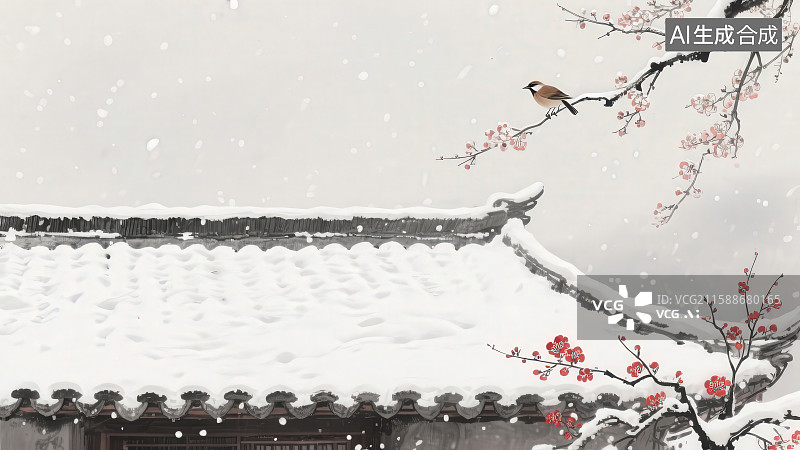 【AI数字艺术】冬天下雪天户外梅花树枝上站着一只鸟大雪覆盖了古建筑屋顶，水墨风江南古建筑二十四节气插画背景图片素材