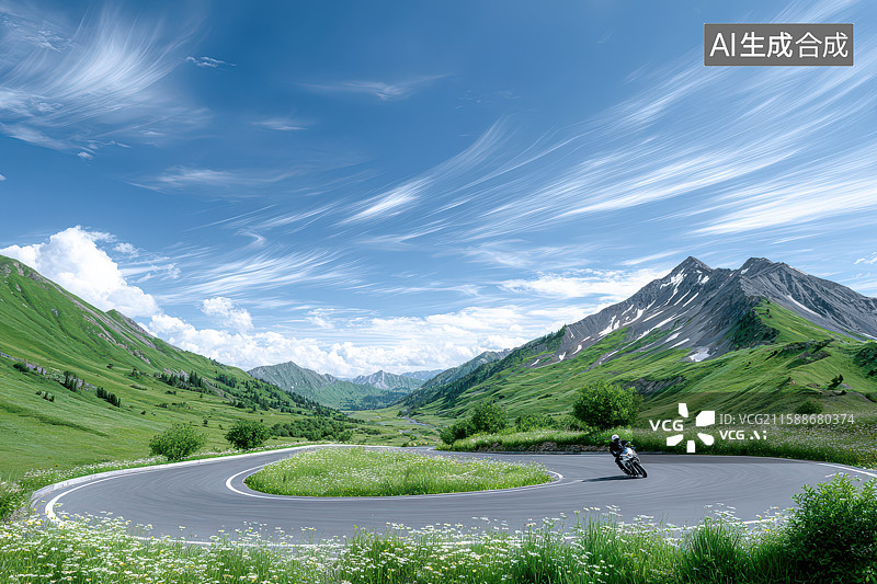 【AI数字艺术】山间公路摩托车骑行自然风光图图片素材