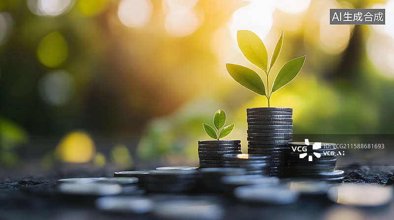 【AI数字艺术】硬币堆上生长的希望之苗图片素材