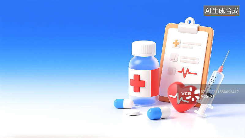【AI数字艺术】3D三维立体C4D红十字药瓶药丸病历爱心心率注射器针筒医疗用品背景居右图片素材