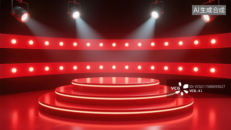 【AI数字艺术】3D渲染黄色聚光灯下领奖台现场与颁奖典礼舞台图片素材