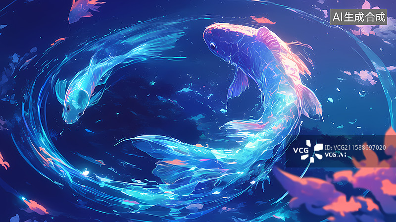 【AI数字艺术】双锦鲤在漩涡蓝海中畅游图片素材