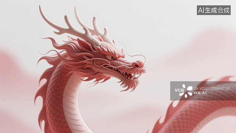【AI数字艺术】红色龙盘旋空中，鳞片细腻，鬃毛飘逸，背景柔和梦幻图片素材