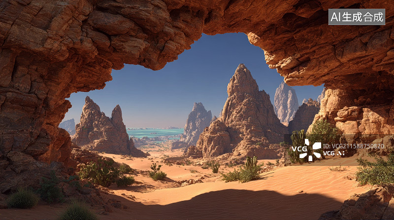 【AI数字艺术】海岛沙漠岩洞，生态自然风光图片素材