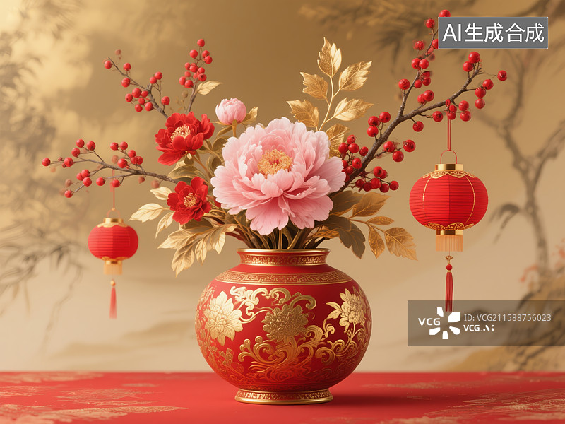 【AI数字艺术】红色花瓶中的牡丹与灯笼装饰图片素材