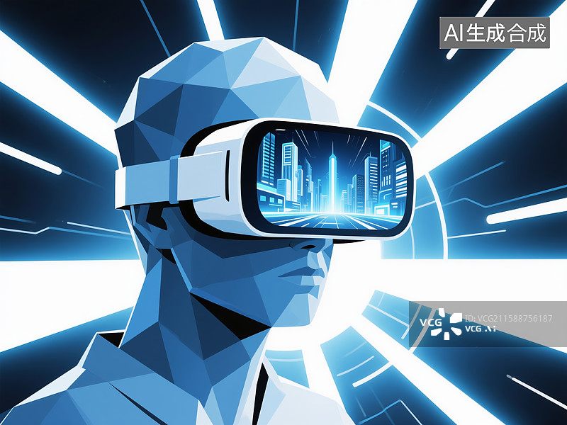 【AI数字艺术】虚拟现实头盔展示未来城市景象图片素材