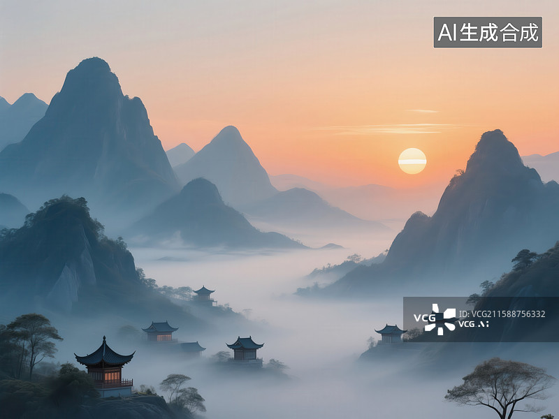 【AI数字艺术】东方山水意境：日出云雾中的古建群与层峦叠嶂图片素材