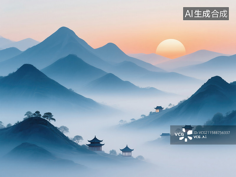 【AI数字艺术】东方山水意境：日出云雾中的古建群与层峦叠嶂图片素材