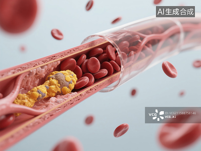 【AI数字艺术】3D 医学可视化：血管内血脂斑块与红细胞图片素材