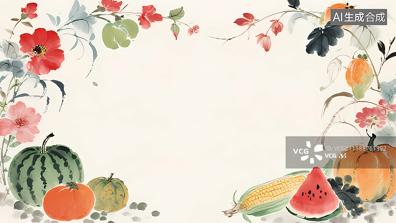 【AI数字艺术】水墨夏日水果花朵素材背景环绕最大图片素材