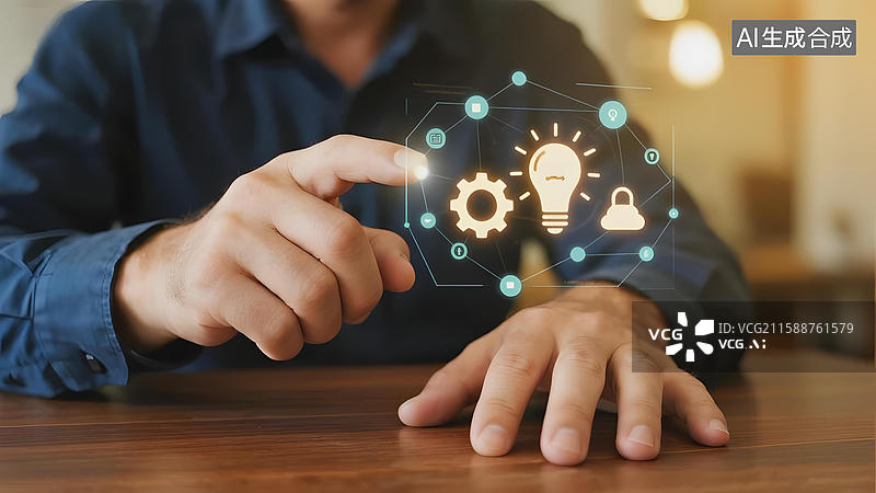 【AI数字艺术】手触虚拟图标，展现创新科技理念图片素材