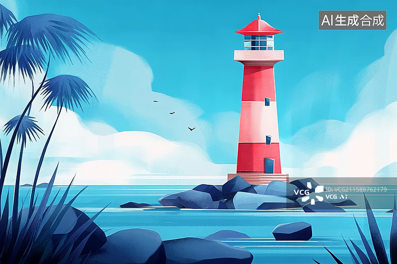 【AI数字艺术】海边的灯塔与海岸线图片素材