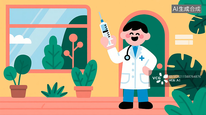 【AI数字艺术】医生拿着注射器卡通插画图片素材