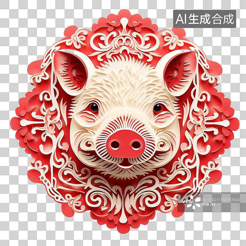 【AI数字艺术】春节窗花贴纸一头猪图案红色剪纸插画图片素材