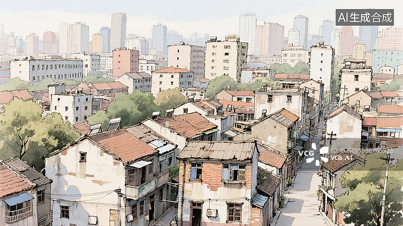 【AI数字艺术】城市老房子风景插画图片素材